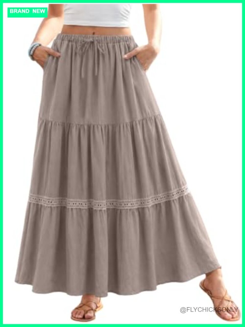 Boho Lace Trim Tiered A-Line Maxi Skirt High Waisted Tie Flowy with Pockets